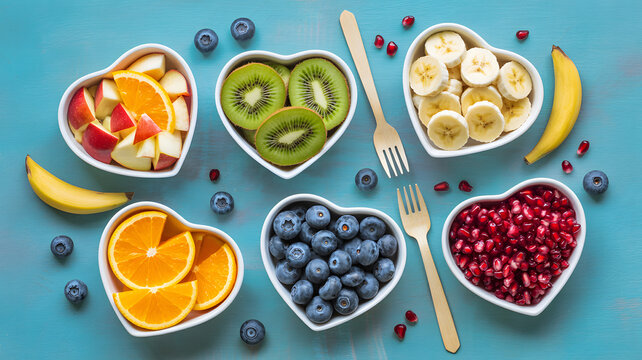 Heart shaped fruit bowls with fresh healthy ingredients
