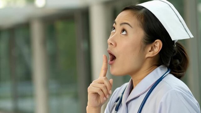 Nurse woman healthcare uniform stethoscope thinking portrait hospital thoughtful nurse touching chin looking upward shushing finger to lips playful