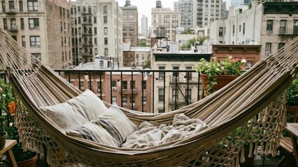 Hammock rests on balcony overlooking city buildings. Soft pillows create inviting spot for relaxation among plants. Concept of home decor, outdoor furniture, apartment living