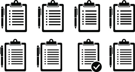 Clipboard and Pen Icons Set: Outline Check List, To Do Task, Document, Survey, and Agreement Form Symbols for Business, Education, and Healthcare.