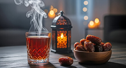 Warm glow of a traditional lantern illuminating a table with steaming tea and a bowl of dates, creating a peaceful Ramadan evening atmosphere, perfect for 4K footage