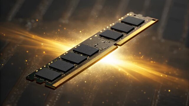 Gold illuminated computer memory module glowing above glowing circuit board with golden light, high performance RAM stick electronic module emitting