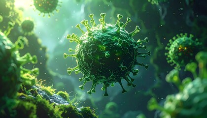 A vibrant, photorealistic rendering shows several detailed green virus particles amidst a blurry green background