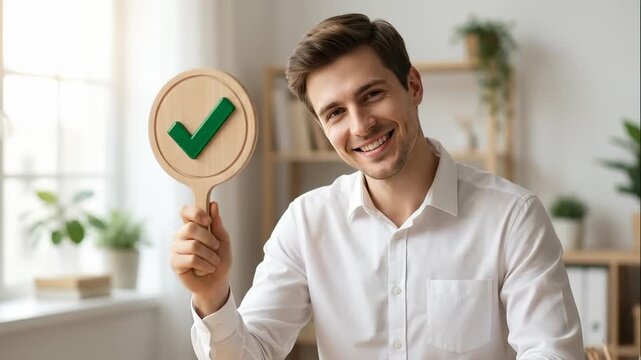 Smiling Man Showing Check Mark Sign for Approval and Positive Result