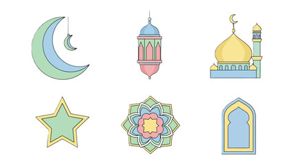 Ramadan Symbols: Collection of symbolic illustrations, depicting crescent moon, lantern, mosque, star, mandala, and traditional arch, representing the spirit of Ramadan and Islamic tradition.