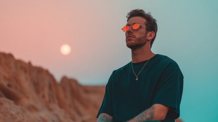 Man watches sunset at rocky beach wearing sunglasses with orange lenses