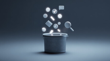 Conceptual image of objects falling into a wastebasket, symbolizing deletion or disposal of information