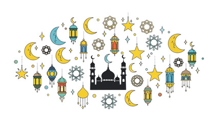 Fototapeta premium Radiant Festival of lights: Colorful and diverse traditional lamps, stars, and crescent moons adorn the scene, with a mosque in the heart of this festive celebration.
