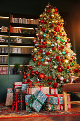 Christmas tree and wrapped gifts in a cozy room setting