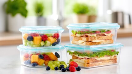 Obraz premium Meal prep containers with fruits and sandwiches on a kitchen counter