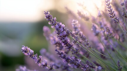 Obraz premium Lavender flowers bloom in the evening light near a garden in summer