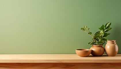 Elegant display of ceramic pots and vibrant green foliage on a wooden surface against a subtle green background