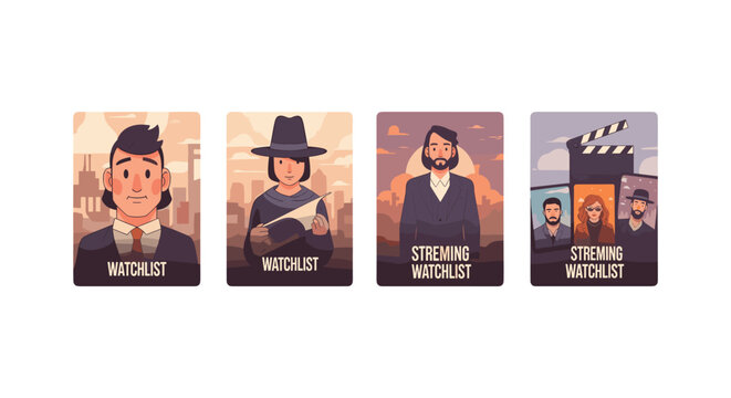 Collection of stylized characters and movie elements for streaming watchlists