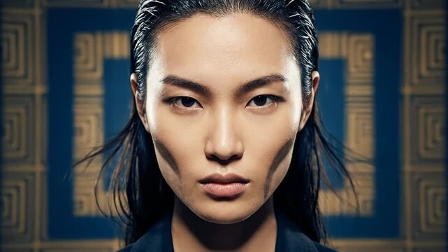 Asian Woman Posing Expressionless With Wet Hair on Patterned Background