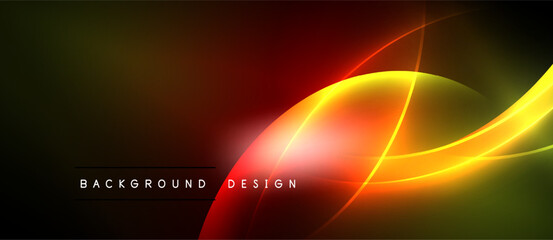 Abstract vibrant design. Glowing curves, red, yellow hues dominate dark background. Modern aesthetic, dynamic energy radiates.