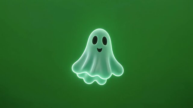 Glowing blue ghost with a happy face on a dark green background