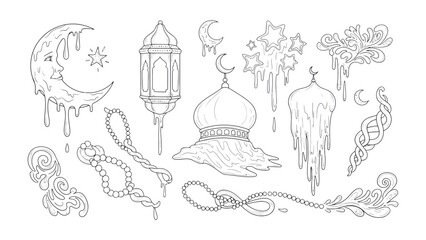 Islamic Symbols: A collection of intricately detailed line art, celebrating Islamic cultural and religious symbols, depicting elements like crescent moon, mosque dome.