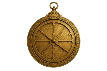 Antique Golden Astrolabe Compass on transparent background graphic asset.