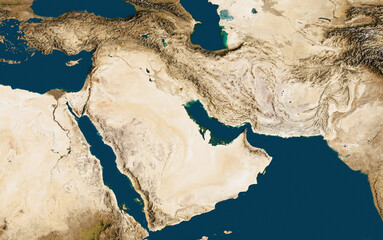 3D illustration of a highly detailed map of the Middle East. Satellite view. Elements of this image furnished by NASA.