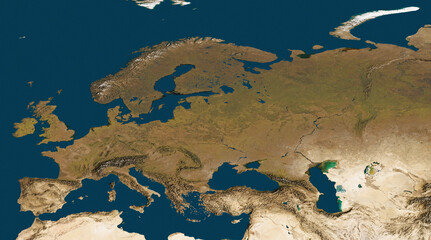 3D illustration of a highly detailed map of Europe. Satellite view. Elements of this image furnished by NASA.