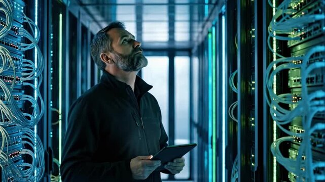 55 years old | A focused man with a beard checks his tablet in a dimly lit server room, surrounded by racks of servers with glowing blue and green lights