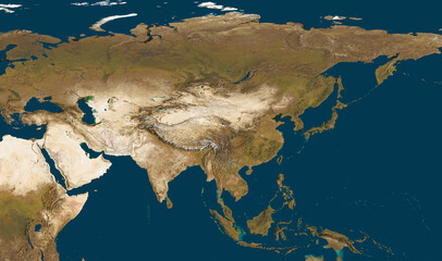3D illustration of a highly detailed map of Asia. Satellite view. Elements of this image furnished by NASA.