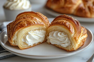 Creamy puff pastry split open on a plate, with a second pastry in background