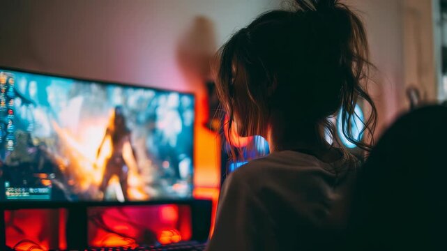 Focused female gamer plays an action packed video game on a dual monitor setup, surrounded by colorful LED lights. The scene highlights the excitement and energy of contemporary gaming culture