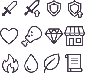 ゲームのアイコンセット　モノクロ線画