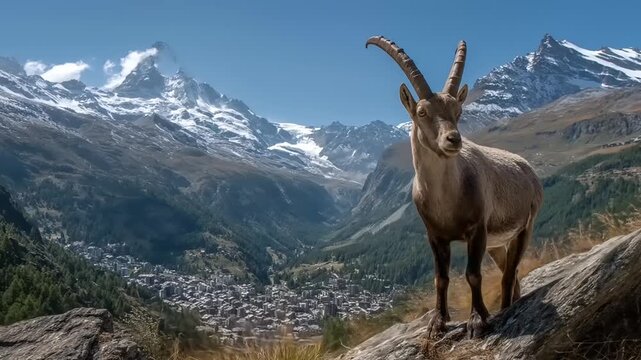 Majestic mountain goat posing in front of snowy peaks and blue sky