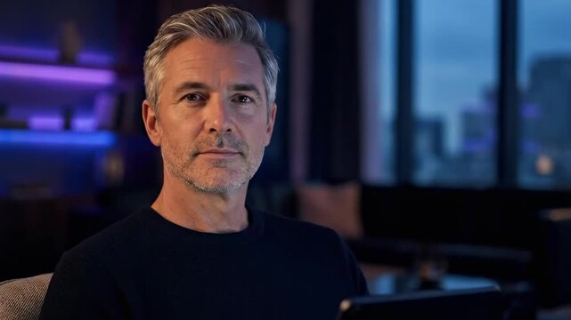 55 years old | A man with gray hair and a serious expression sits in a modern, dimly lit room, focused on a tablet device while relaxing in a stylish chair