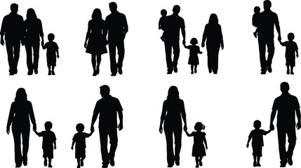 Collection of Vector Family Silhouettes Showing Parents and Children Walking Together and Holding Hands Isolated on White