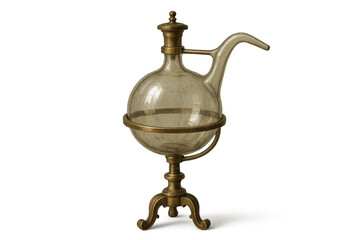 Antique glass alembic with transparent background, laboratory equipment.