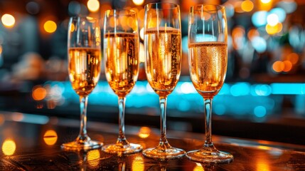 Elegant champagne glasses reflecting light at a joyous wedding celebration setting