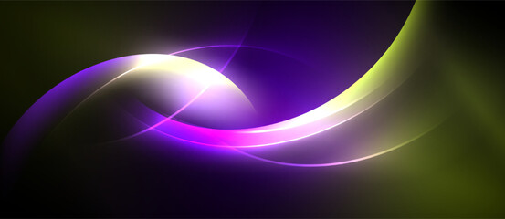 Abstract swirls, vibrant purple, yellow hues dominate dark background. Smooth gradients create dynamic, flowing visual effect.