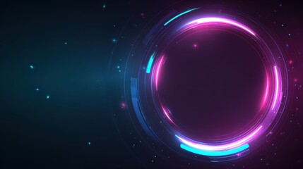Abstract futuristic neon glowing circle with light streaks and particles on a dark background