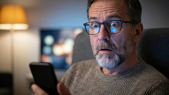 55 years old | A middle-aged man with glasses intently examines his smartphone while seated in a cozy armchair, bathed in warm light, suggesting a relaxed evening atmosphere