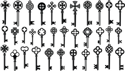 Ornate black antique skeleton keys silhouettes vector bundle, featuring Gothic, medieval, and vintage royal patterns, lock access elements set.