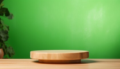 Wooden display stand on a countertop with a vibrant green background showcasing minimalist design elements for modern interiors