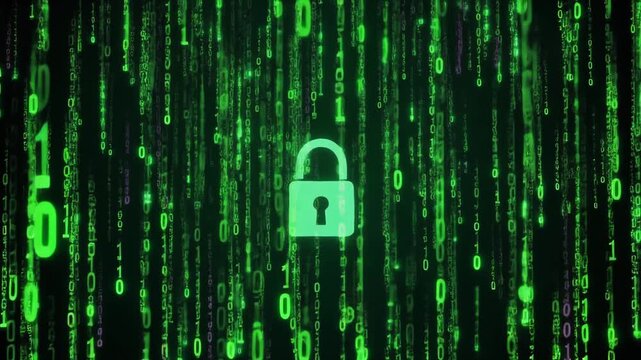 Abstract digital security background with a glowing green padlock symbol and flowing binary matrix code.