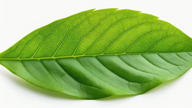Four fresh green leaves arranged neatly in a grid pattern on a clean white background, showcasing vibrant color and intricate veins.