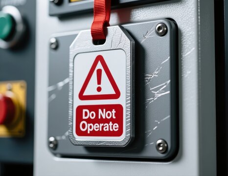 Red do not operate safety lockout tag on industrial machine control panel.