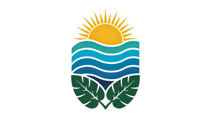 Obraz premium Sun and ocean waves eco nature symbol with green leaves