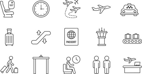 Obraz premium Airport travel vector icons, airplane seat, luggage, passport, control tower, escalator, security checkpoint, taxi, flight path, waiting area, air travel illustration