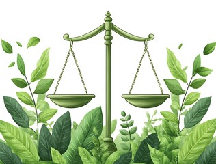 Green balance scales surrounded by lush green leaves and plants justice nature