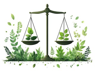 Green balance scales with leafy plants on white background justice nature