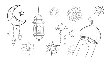 Hand-drawn Ramadan Elements: An array of intricate hand-drawn elements, including the crescent moon, stars, lanterns, flowers, and mosque, evoke the spiritual essence of Ramadan. 