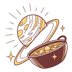 Planet emerging from pot cartoon saturn rings © mukul