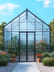 Fototapeta premium Greenhouse with black frame, glass panes, stone path, garden flowers, and blue sky