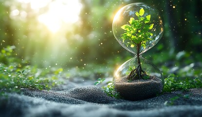 Green tree growing inside glass hourglass with sunlight and bokeh growth nature